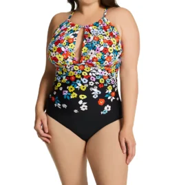 Anne Cole Plus Size Flower Field Keyhole High Neck Swimsuit PO06469
