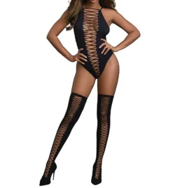 Dreamgirl Strappy Stretch Teddy With Thigh Highs 0313